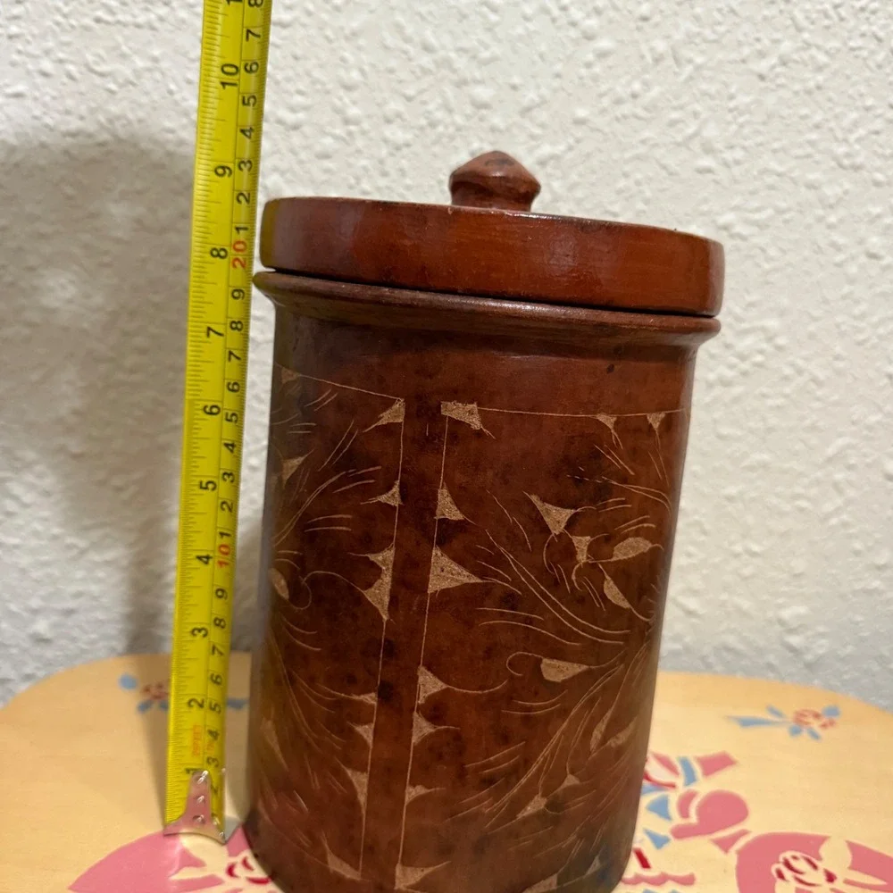Pier 1 Handmade sasak Carved ceramic Canister with Lid Rustic Kitchen Container‎